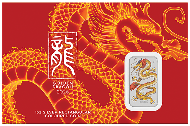 2026 Perth Mint Golden Dragon 1oz Silver Rectangular bar on card