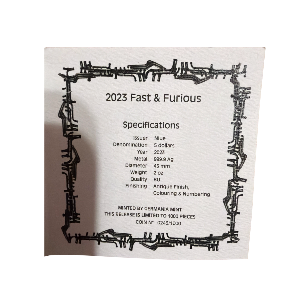 2023 Niue Fast & Furious 2oz Silver HR Antiqued Coloured Coin