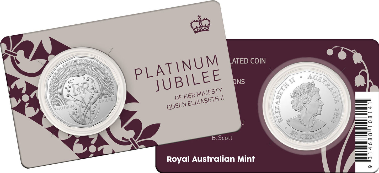 2022 RAM Platinum Jubilee Queen Elizabeth II 50c UNC Coin Card