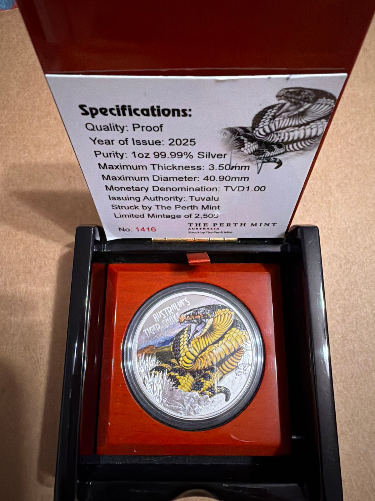 2025 Perth Mint Deadly & Dangerous Tiger Snake 1oz Silver Proof Coin
