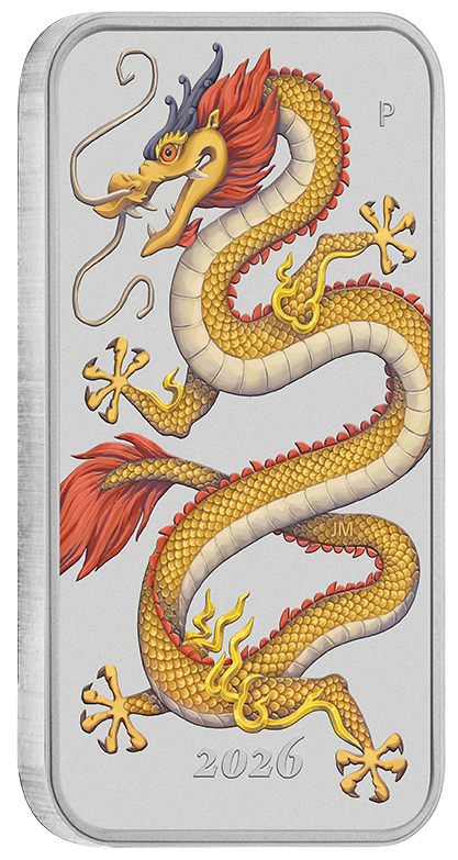 2026 Perth Mint Golden Dragon 1oz Silver Rectangular bar on card