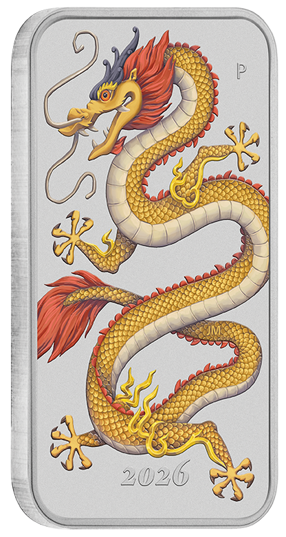 2026 Perth Mint Golden Dragon 1oz Silver Rectangular bar on card