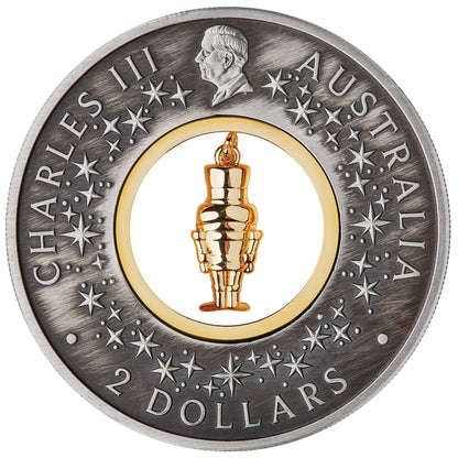 2024 Perth Mint Christmas Nutcracker 2oz Silver Antiqued Gold Plated Coin
