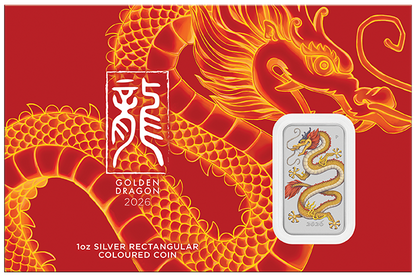 2026 Perth Mint Golden Dragon 1oz Silver Rectangular bar on card