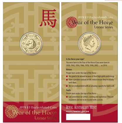 2014 Royal Australian Mint Lunar Year of the Horse $1 Uncirculated Coin