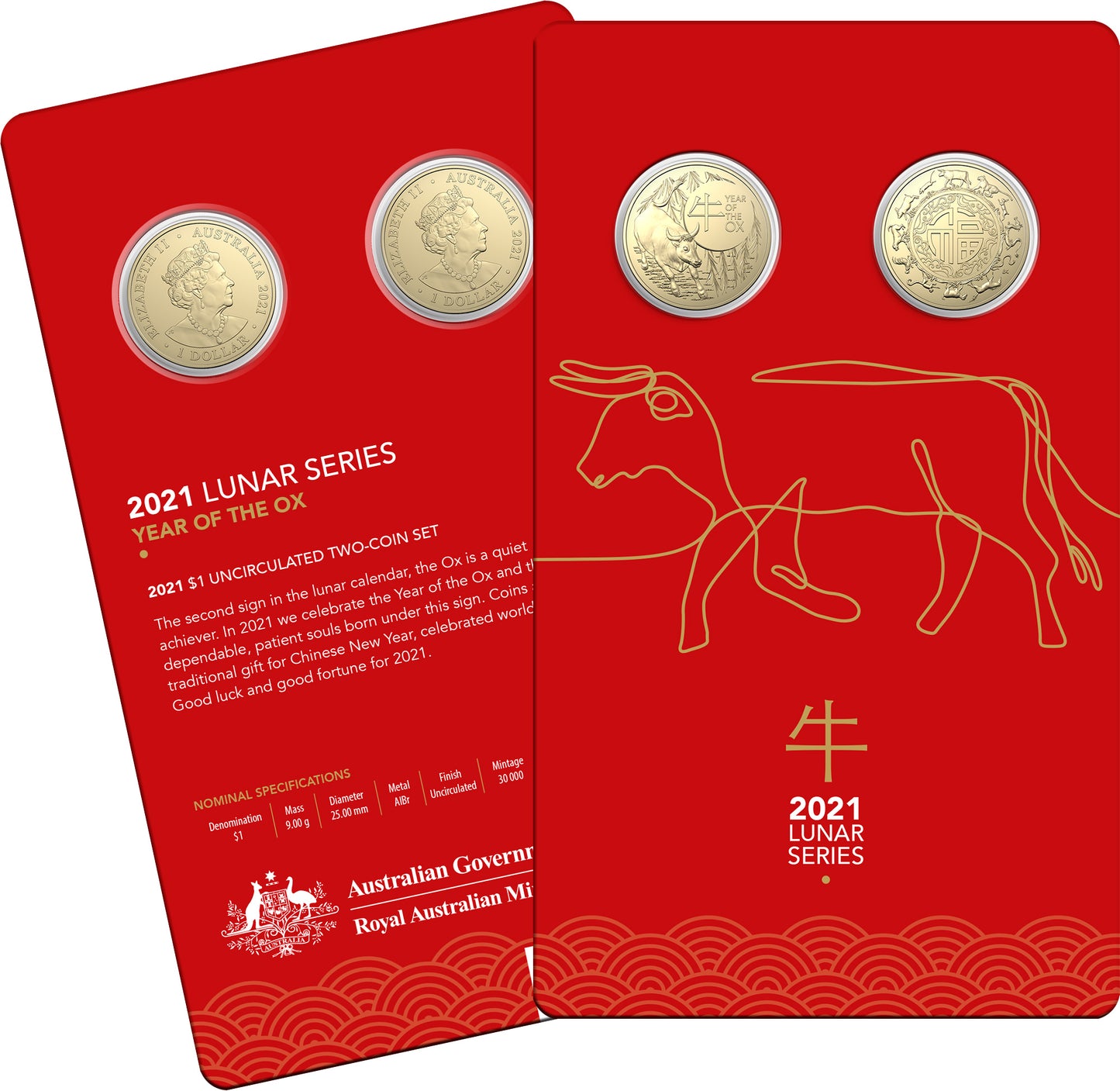 2021 Royal Australian Mint Lunar Year of the Ox $1 Two-Coin Set