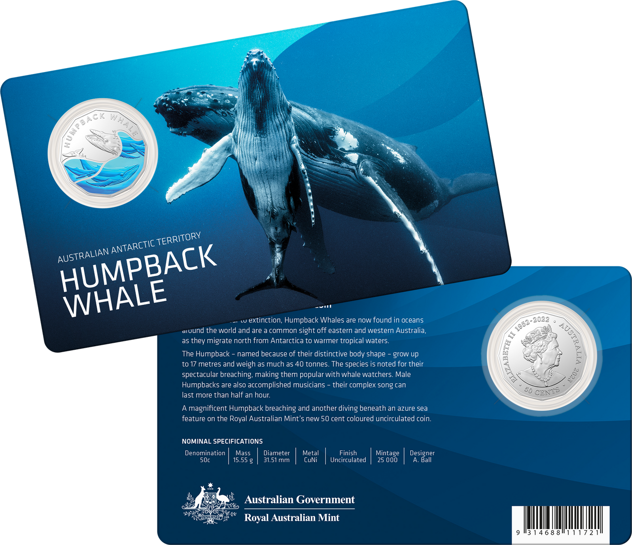 2023 RAM Humpback Whale UNC 50c Coin On Card