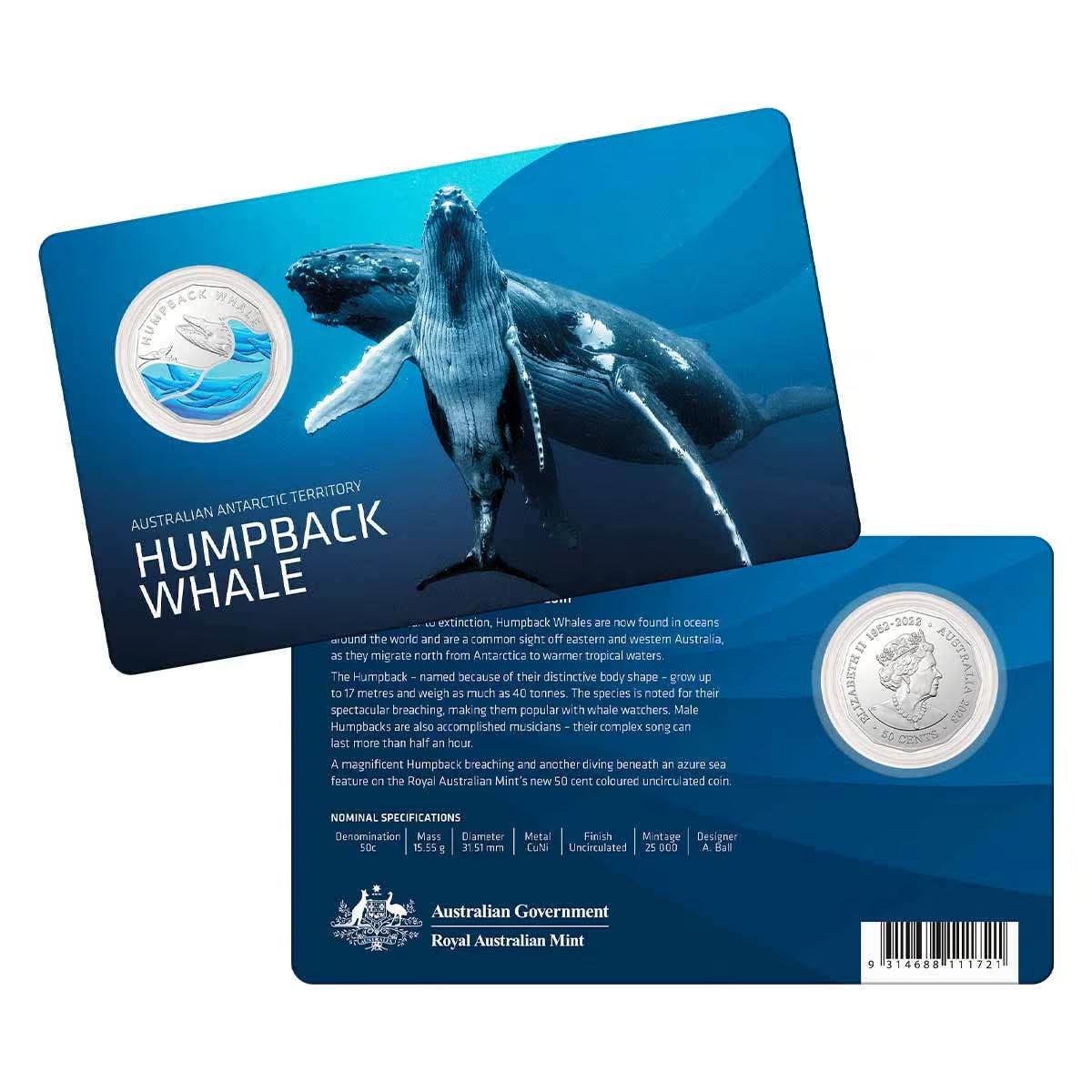 2023  RAM Humpback Whale 50c Colored Coin on Card