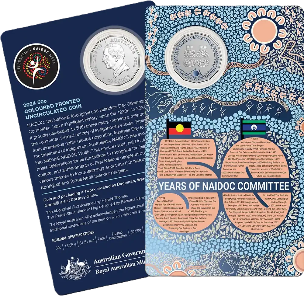 2024 RAM 50c NAIDOC 50th Anniversary Coloured Coin on Card