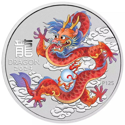 2024 Perth Mint Lunar Series III Red Dragon 1/2oz Silver Coloured Coin