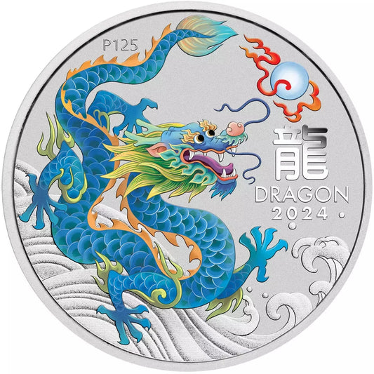 2024 Perth Mint Lunar Teal Dragon 1/2oz Silver Coloured Coin