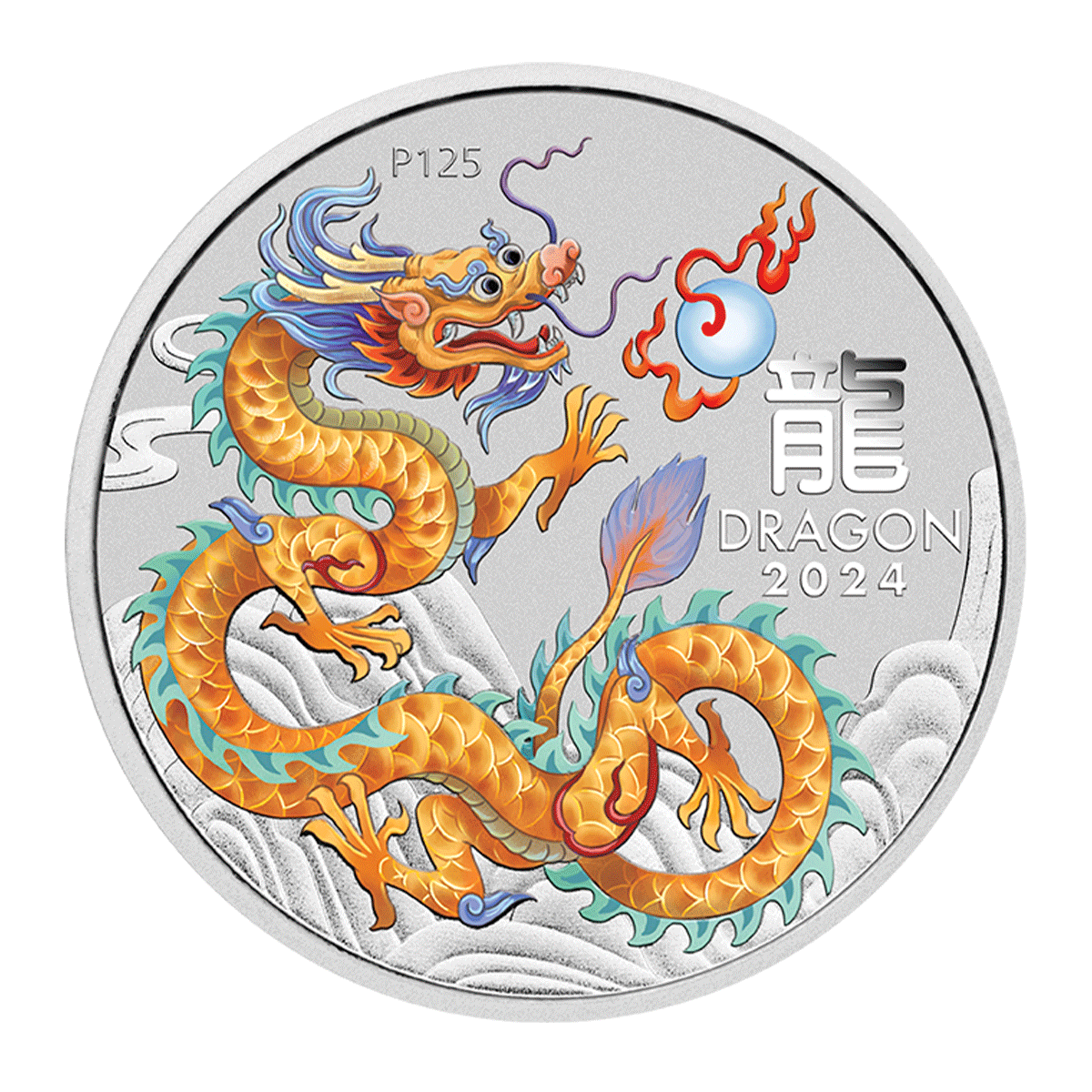 2024 Perth Mint Lunar Golden Dragon 1/2oz Silver Coloured BU Coin