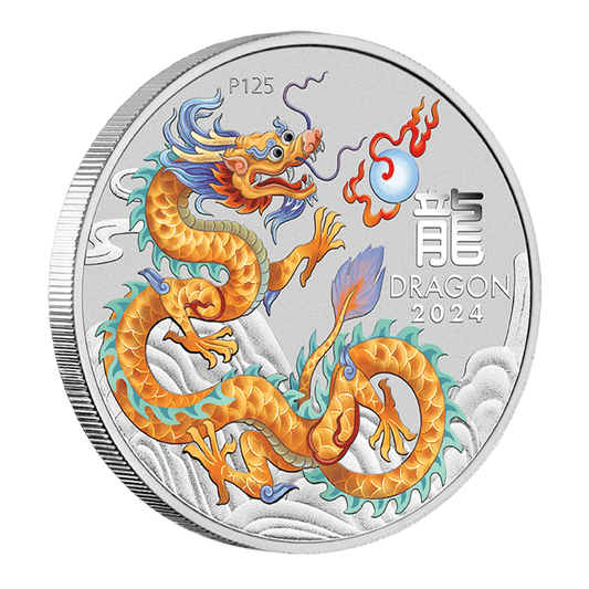 2024 Perth Mint Lunar Golden Dragon 1/2oz Silver Coloured BU Coin