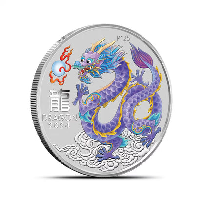 2024 Perth Mint Lunar Lilac Dragon 1/2oz Silver Coloured BU Coin
