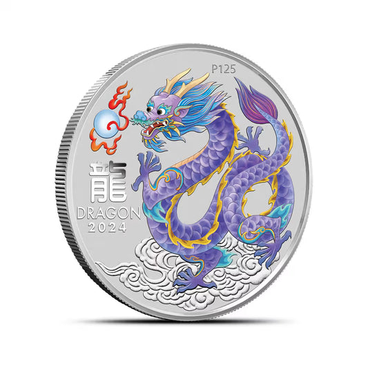 2024 Perth Mint Lunar Lilac Dragon 1/2oz Silver Coloured BU Coin