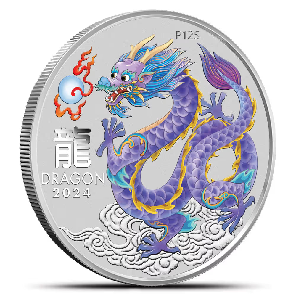 2024 Perth Mint Lunar Lilac Dragon 1/2oz Silver Coloured BU Coin