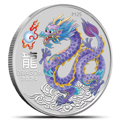 2024 Perth Mint Lunar Lilac Dragon 1/2oz Silver Coloured BU Coin