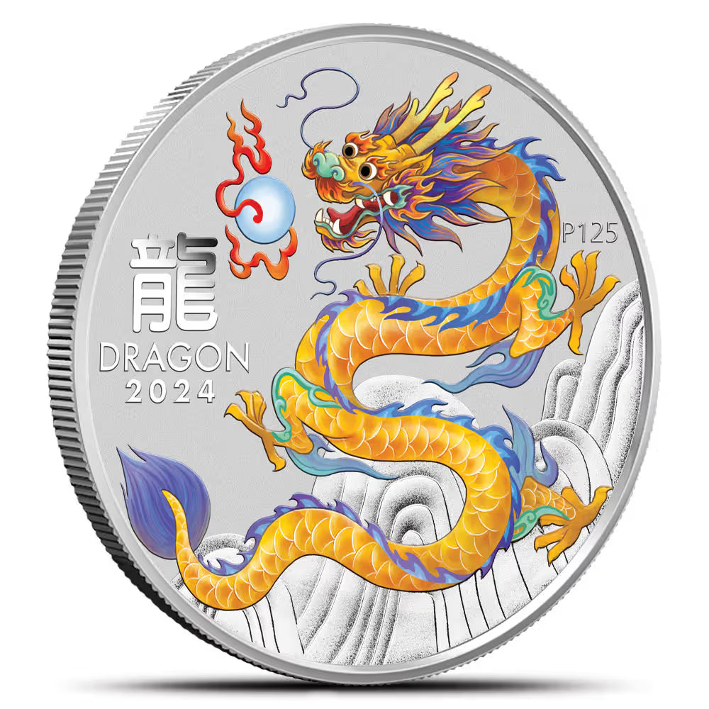 2024 Perth Mint Lunar Yellow Dragon 1oz Silver Coloured BU Coin