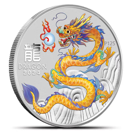 2024 Perth Mint Lunar Yellow Dragon 1oz Silver Coloured BU Coin