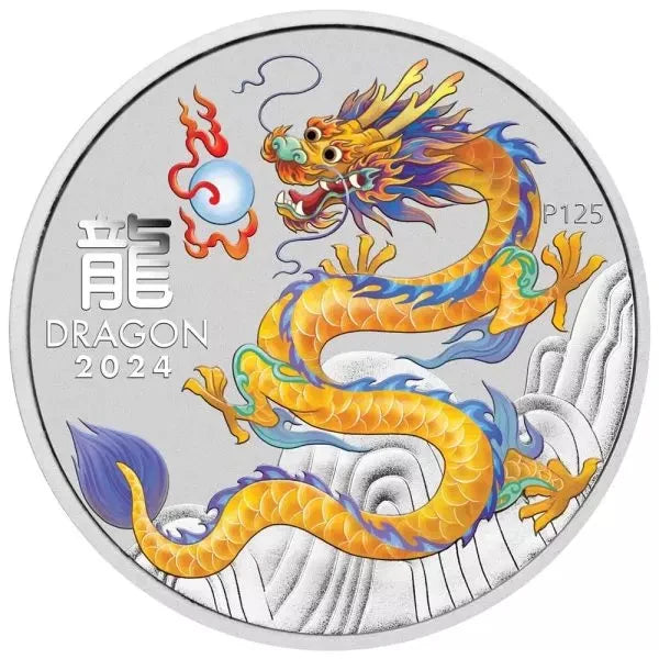 2024 Perth Mint Yellow Dragon 1/2oz Silver Coloured Coin