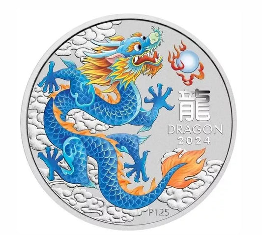 2024 Perth Mint Lunar Blue Dragon 1/2oz Silver Coloured Coin