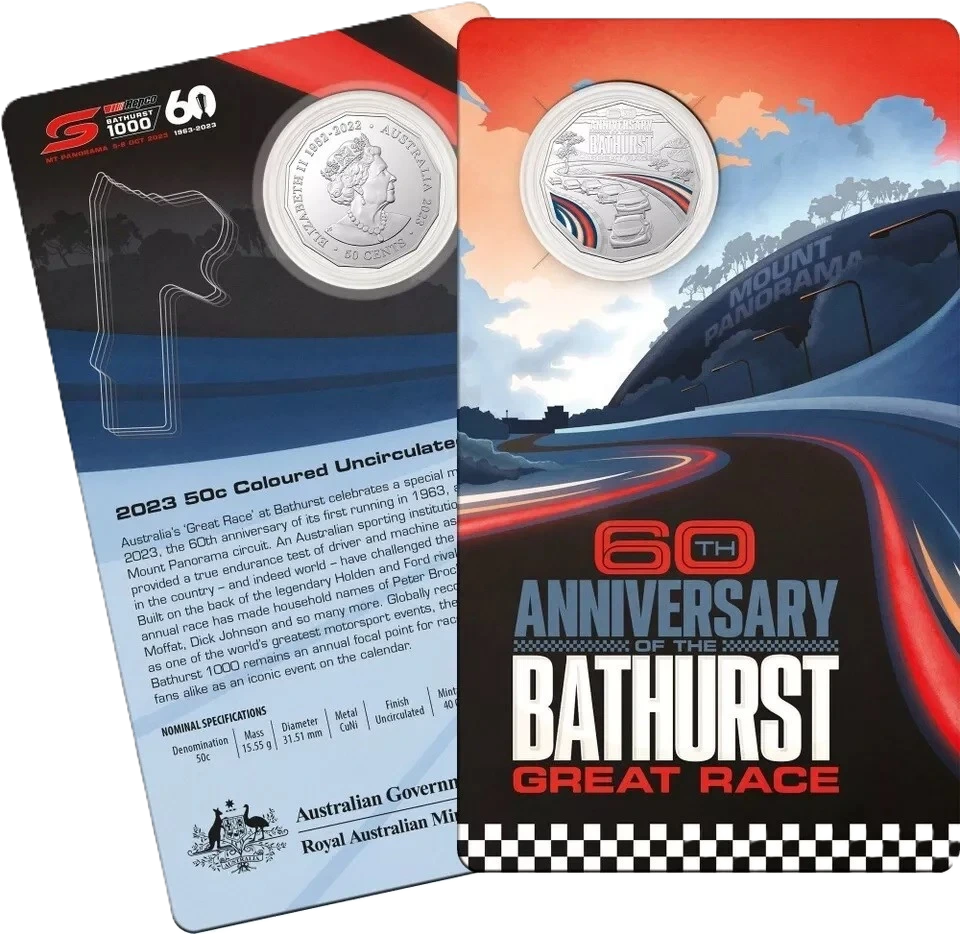 2023 Ram 60th Anniversary Bathurst 1000 50c Coloured UNC Coin in Card